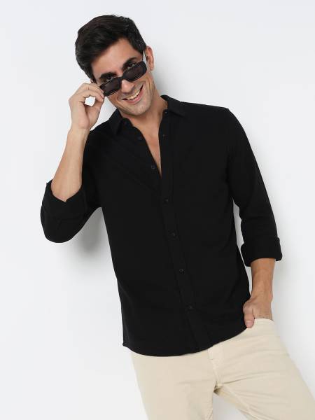 R&B Men Solid Casual Black Shirt