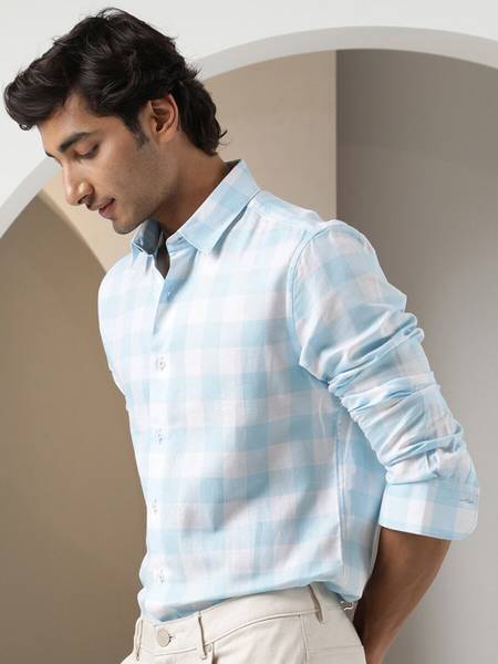 RARE RABBIT Men Checkered Casual Blue Shirt