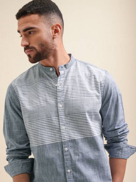 LOCOMOTIVE Men Striped Casual Blue Shirt