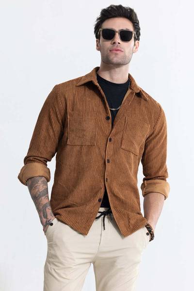 Snitch Men Self Design Casual Brown Shirt