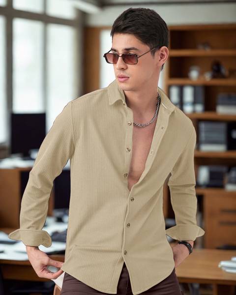 INDICLUB Men Self Design Casual Khaki Shirt