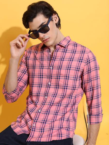 HIGHLANDER Men Checkered Casual Pink, Dark Blue Shirt