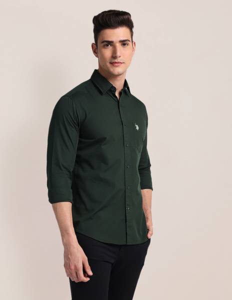 U.S. POLO ASSN. Men Solid Casual Dark Green Shirt