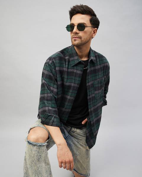 Chimpaaanzee Men Checkered Casual Green, Grey, Black Shirt