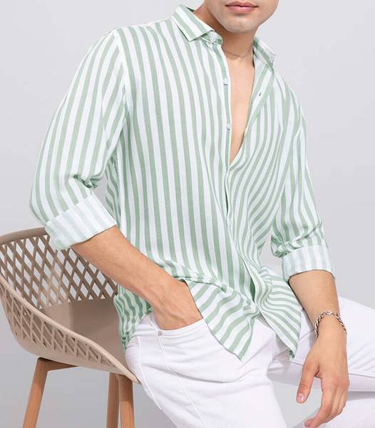 U TURN Men Striped Casual Light Green Shirt