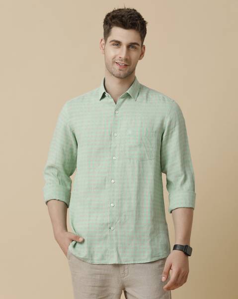 Linen Club Men Checkered Casual Green Shirt