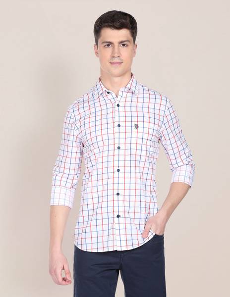 U.S. POLO ASSN. Men Checkered Casual White Shirt
