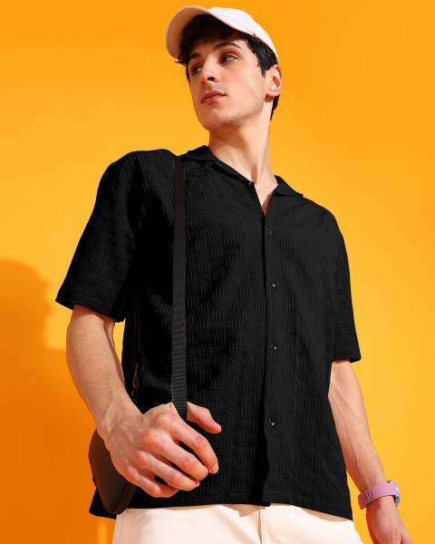 INDICLUB Men Self Design Casual Black Shirt