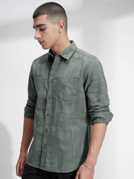 HIGHLANDER Men Self Design Casual Green Shirt