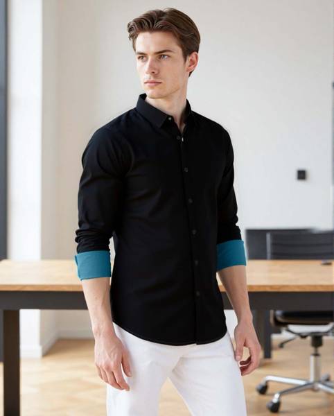 Dennis Lingo Men Solid Casual Black Shirt