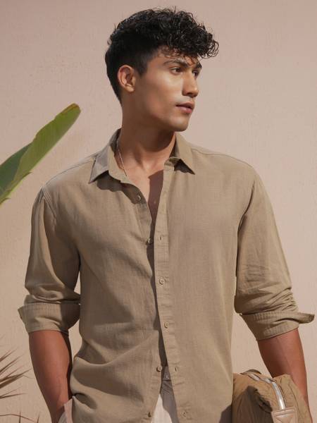 HIGHLANDER Men Solid Casual Khaki Shirt
