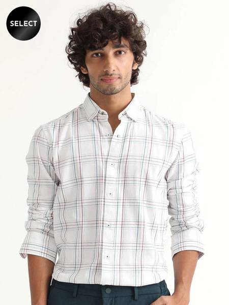 RARE RABBIT Men Checkered Casual White Shirt