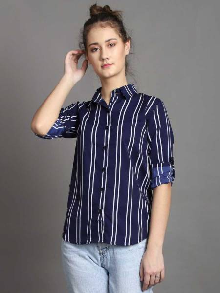 TANDUL Women Striped Casual Dark Blue, White Shirt