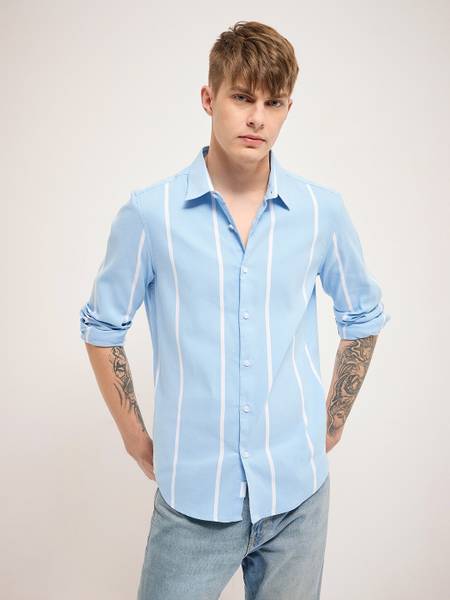 THE BEAR HOUSE Men Striped Casual Blue Shirt