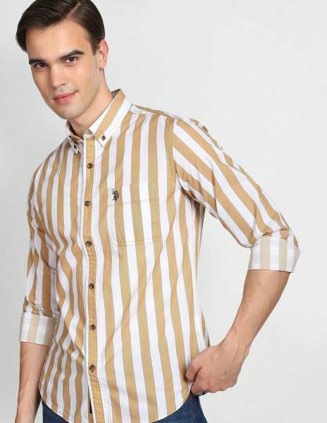 U.S. POLO ASSN. Men Striped Casual White, Blue, Yellow Shirt