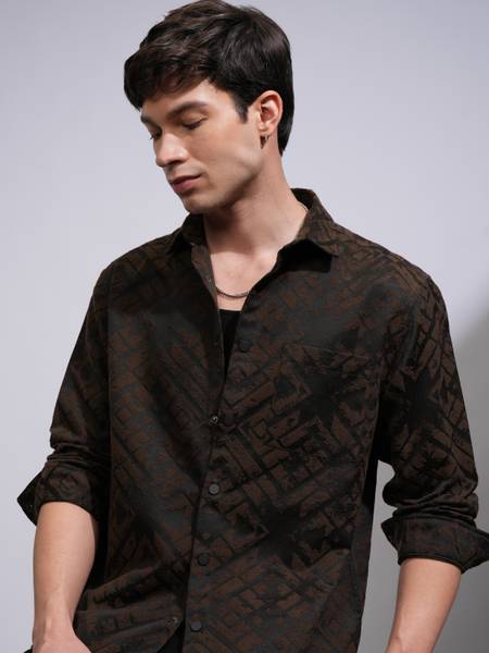 HIGHLANDER Men Self Design Casual Brown Shirt