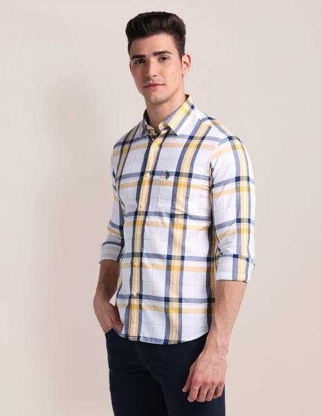 U.S. POLO ASSN. Men Checkered Casual Yellow, Dark Blue, White Shirt