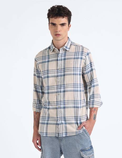 FLYING MACHINE Men Checkered Casual Beige Shirt