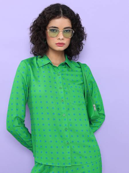 Tokyo Talkies Women Printed Casual Green, Blue Shirt