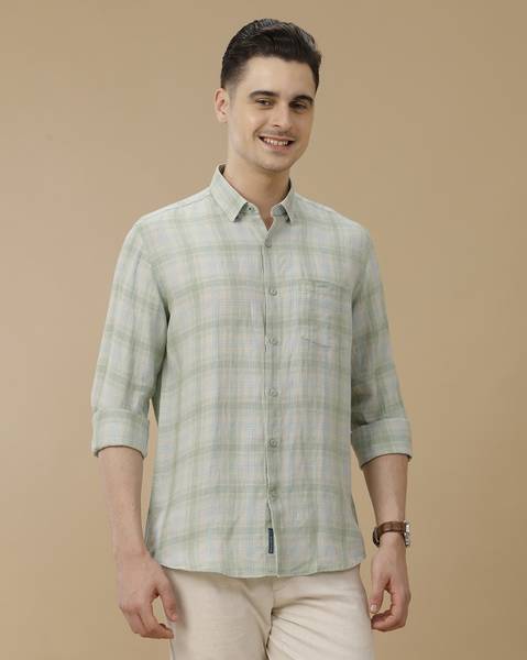 Linen Club Men Checkered Casual Green Shirt