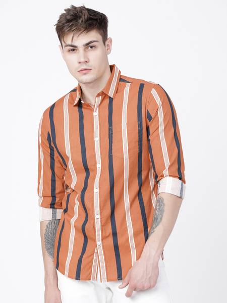 HIGHLANDER Men Striped Casual Brown Shirt