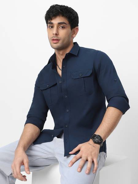 Urbano Fashion Men Solid Casual Dark Blue Shirt