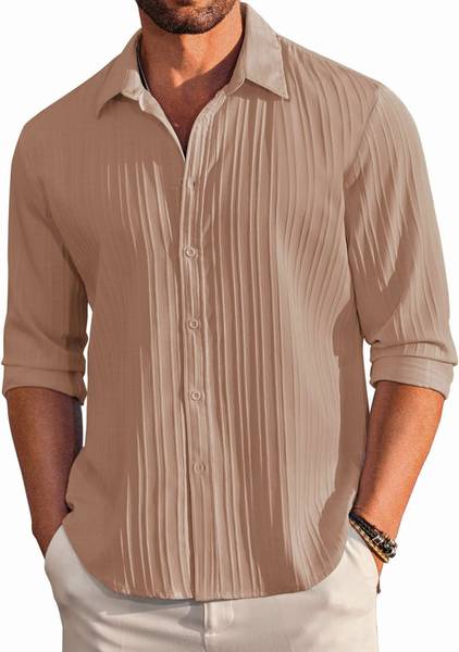 DENEEJA Men Self Design Casual Khaki Shirt