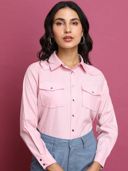 Tokyo Talkies Women Solid Casual Pink Shirt