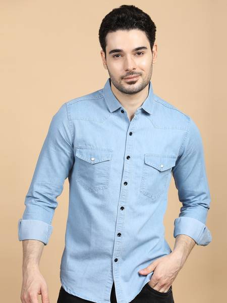 GRANDSTITCH Men Washed Casual Light Blue Shirt