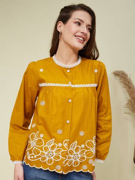 J TURRITOPSIS Women Embroidered Casual Yellow Shirt