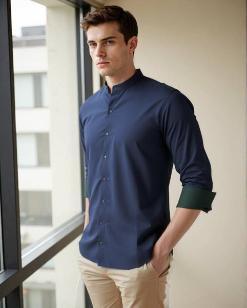 Dennis Lingo Men Solid Casual Dark Blue Shirt