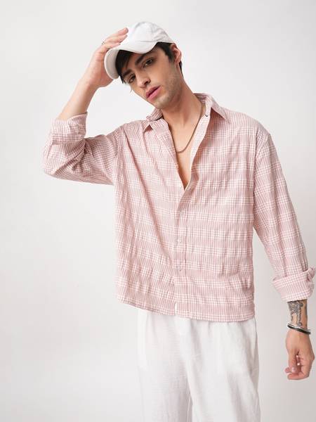 VASTRADO Men Checkered Casual Pink Shirt