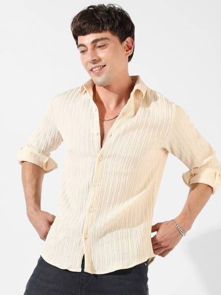 ELEPANTS Men Self Design Casual Cream Shirt