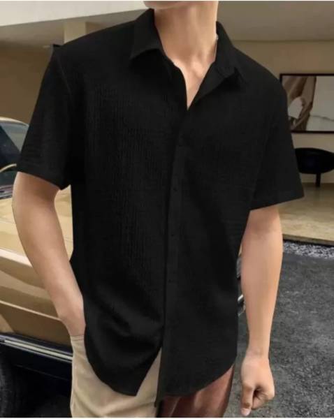 zevbisa Men Self Design Casual Black Shirt