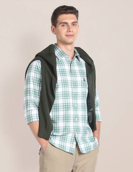 U.S. POLO ASSN. Men Checkered Casual Light Green, White Shirt