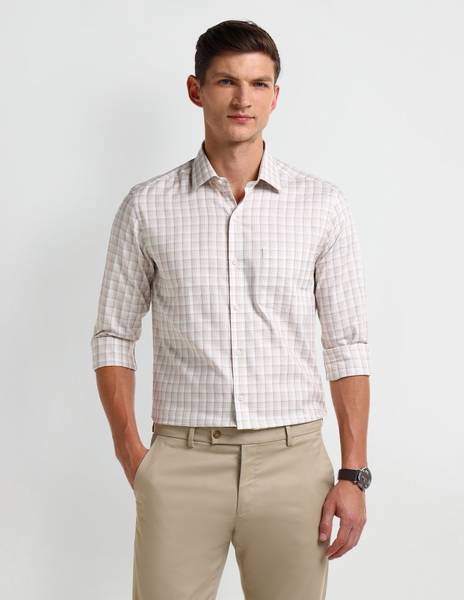 ARROW Men Checkered Formal Beige Shirt