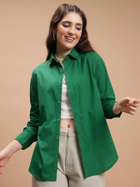 Tokyo Talkies Women Solid Casual Green Shirt