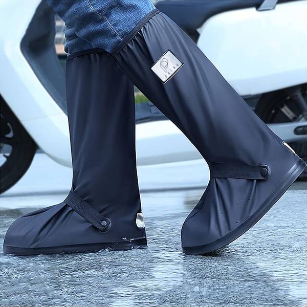 LQZ Waterproof Zip-up Calf-length Shoe Covers with Elastic Strap Wear-resistant PVC Plastic Black High Ankle Shoe Cover