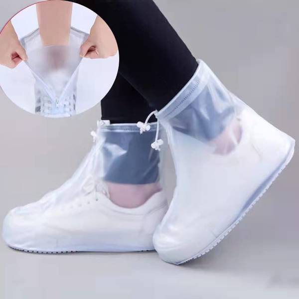 MBVTREADS Waterproof Thick Plastic Reusable Rain Shoe Covers Mid-Top Polyester White Boots Shoe Cover