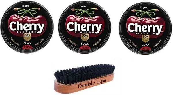 DOUBLE LIPS Cherry Blossom Wax Shoe Shine Polish 15 Grm 3pc With Brush 1pc Leather Shoe Liquid Polish