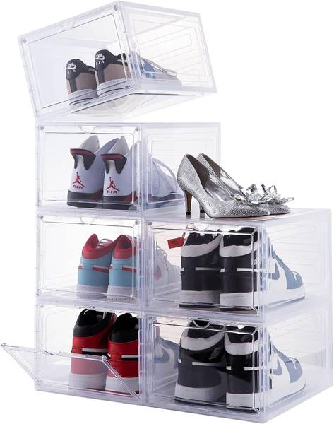 HOUSE OF QUIRK Large Shoe Boxes with Magnetic Door, Clear Stackable Plastic Shoe Containers Plastic Shoe Rack