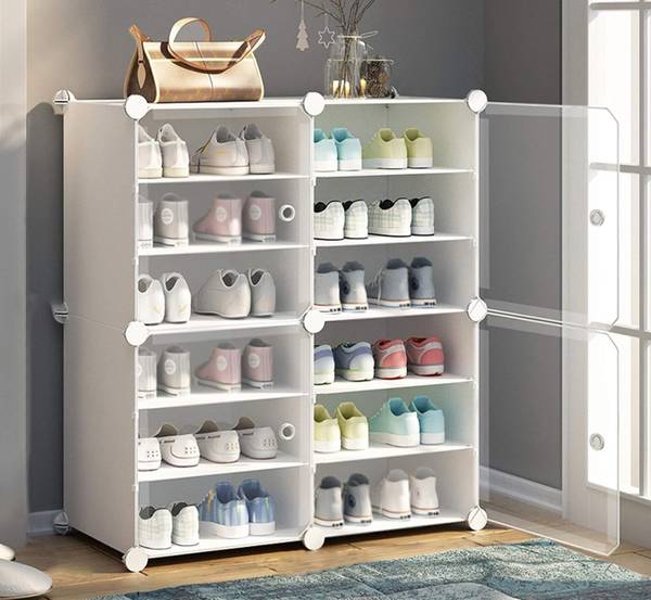 Sasimo 12-Shelf-4-Door Plastic Cubort Shoe Rack Plastic Collapsible Shoe Stand