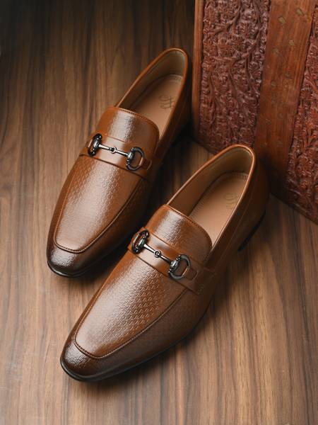 House of Pataudi Men Tan Formal Slip On Textured Loafers Shoes Loafers For Men