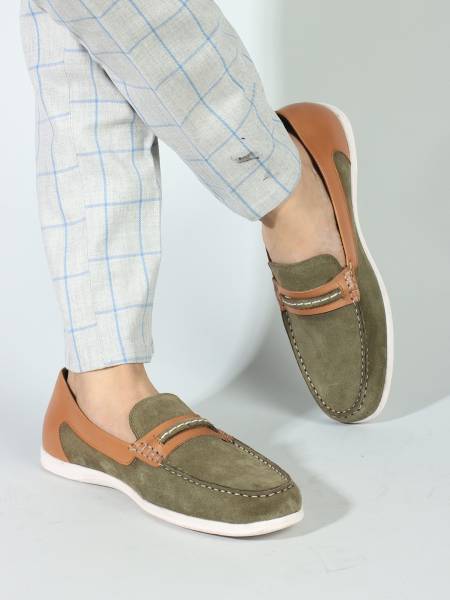 CARLTON LONDON Olive Slip-On Solid Men's Loafers Shoes Loafers For Men