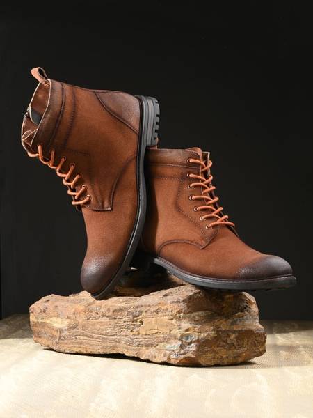 SAN FRISSCO Tan High Top Synthetic Suede Lace Ups Biker Chain Boots For Men