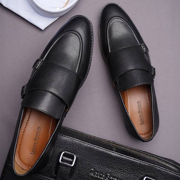 LOUIS STITCH Black Slipon Style Comfortable Monk Strap Shoes for Men (RGFM) - Size UK 8 Monk Strap For Men