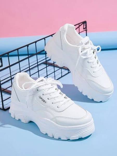 SHOETOPIA Lace-up Detail White Chunky Sneakers For Women & Girls Casuals For Women