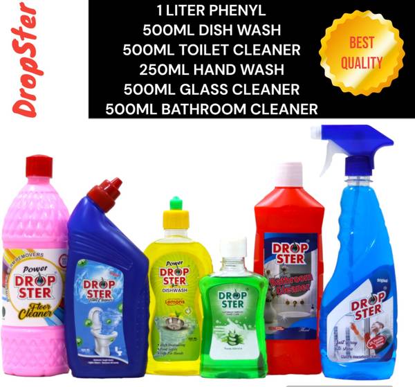Dropster Cleaning Combo- Just Spray to Shine Glass Cleaner 500ml, Toilet Cleaner 500ml, Surface Cleaner 500ml, Floor Cleaner 500ml, Bathroom Cleaner, ...