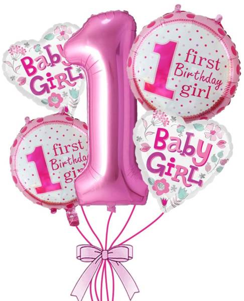 House of Banter Printed 1st Birthday Foil Balloon Set of 5 for Girls Birthday Balloon