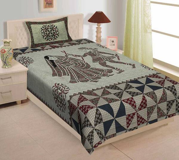 Monik Handicrafts 300 TC Cotton Single Jaipuri Prints Flat Bedsheet